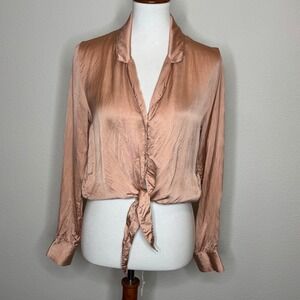 WILFRED Button Up Tie Front Blouse SM Peach Satin Collared‎ Long Sleeves Cupro